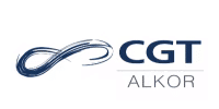 Logo CGT ALKOR – Design dynamique bleu et symbole infini. Logo bleu foncé CGT ALKOR avec un symbole d'infini stylisé par des coups de pinceau dynamiques.