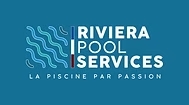 Logo Riviera Pool Services: vagues stylisées, drapeau français intégré. Texte: LA PISCINE PAR PASSION. Services professionnels de piscine.