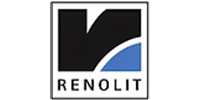 RENOLIT : Logo officiel et symbole de la marque. Logo officiel RENOLIT. Symbole abstrait noir et bleu dans un carré, représentant une forme en V dynamique au-dessus du nom de marque RENOLIT.